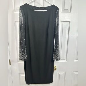 Cachet Vintage Black Sheath Dress w/ Sheer Rhinestone Bell Sleeves Size 10